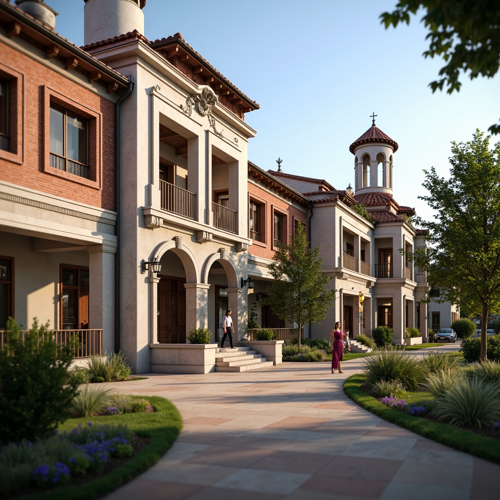 Prompt: Renaissance-inspired campus facade, ornate stone carvings, arched windows, grand entrance gates, elegant balconies, red-tiled roofs, rustic brick walls, classic columns, intricate moldings, vintage lanterns, lush greenery, vibrant flowers, sunny day, soft warm lighting, shallow depth of field, 3/4 composition, panoramic view, realistic textures, ambient occlusion.