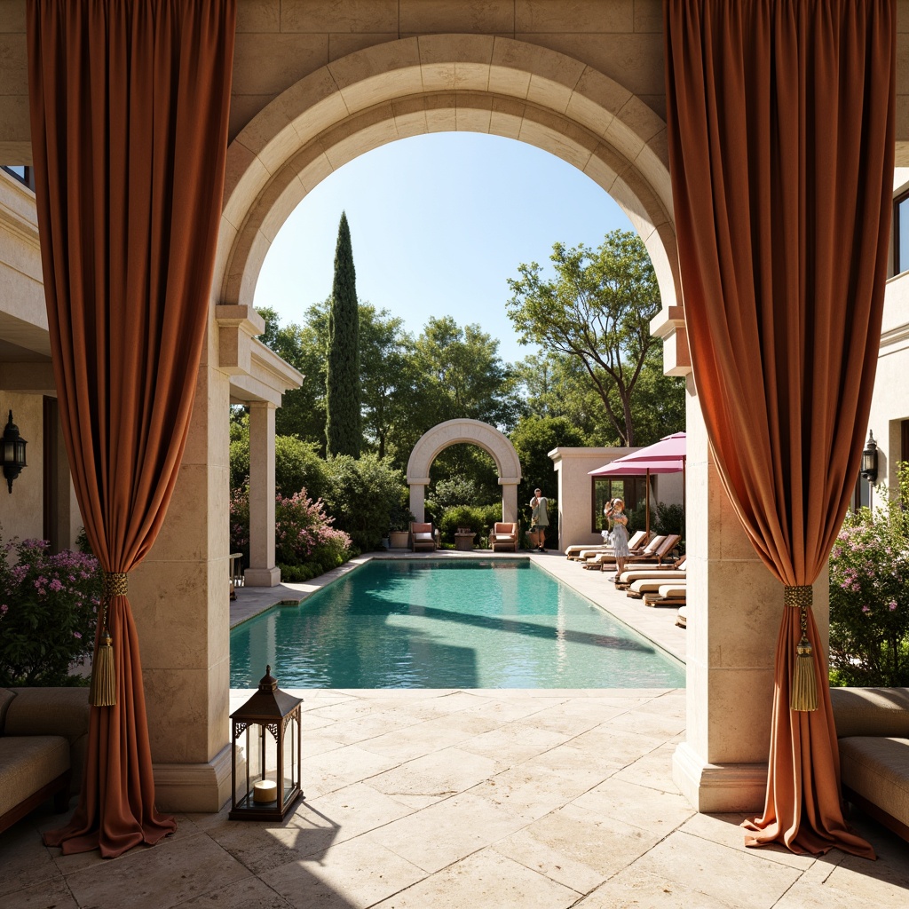 Prompt: Elegant poolside cabanas, luxurious velour drapes, ornate metal lanterns, travertine pool decks, turquoise water, sunny afternoon, soft warm lighting, shallow depth of field, 3/4 composition, symmetrical architecture, classic columns, rounded arches, intricate stonework, lush greenery, blooming flowers, comfortable lounge chairs, plush poolside daybeds, vibrant colorful umbrellas, ornate tile patterns, sophisticated water features, serene ambiance.