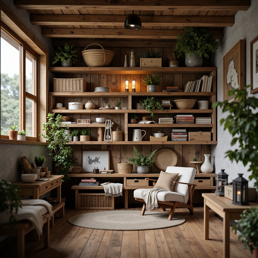 Prompt: Rustic craft room, reclaimed wood shelves, distressed finishes, vintage industrial lighting, earthy color palette, natural textiles, woven baskets, wooden crates, metal lanterns, eclectic decorative items, cozy reading nook, plush throw blankets, warm ambient lighting, shallow depth of field, 1/2 composition, intimate atmosphere, realistic wood textures, subtle grain details.