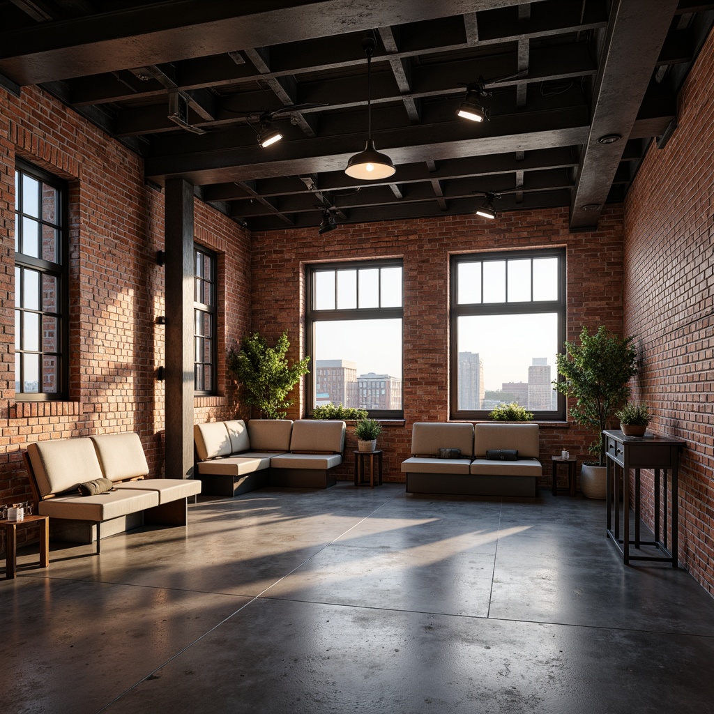 Prompt: Exposed brick walls, metal beams, industrial chic lighting, reclaimed wood accents, polished concrete floors, minimalist seating, urban landscape views, city skyline backdrop, dramatic spotlights, high ceilings, open spaces, functional decor, mechanical ductwork, metallic color scheme, raw textures, 1/1 composition, low-key lighting, realistic materials, ambient occlusion.