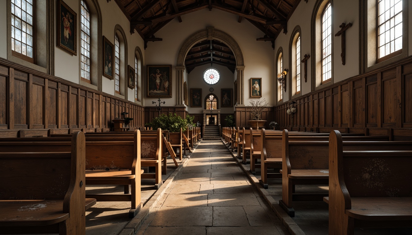 Prompt: Distressed wooden pews, vintage metal lanterns, rustic stone flooring, worn velvet upholstery, ornate Gothic arches, faded stained glass windows, distressed leather-bound Bibles, antique candlesticks, weathered wooden crucifixes, soft warm lighting, shallow depth of field, 3/4 composition, panoramic view, realistic textures, ambient occlusion.