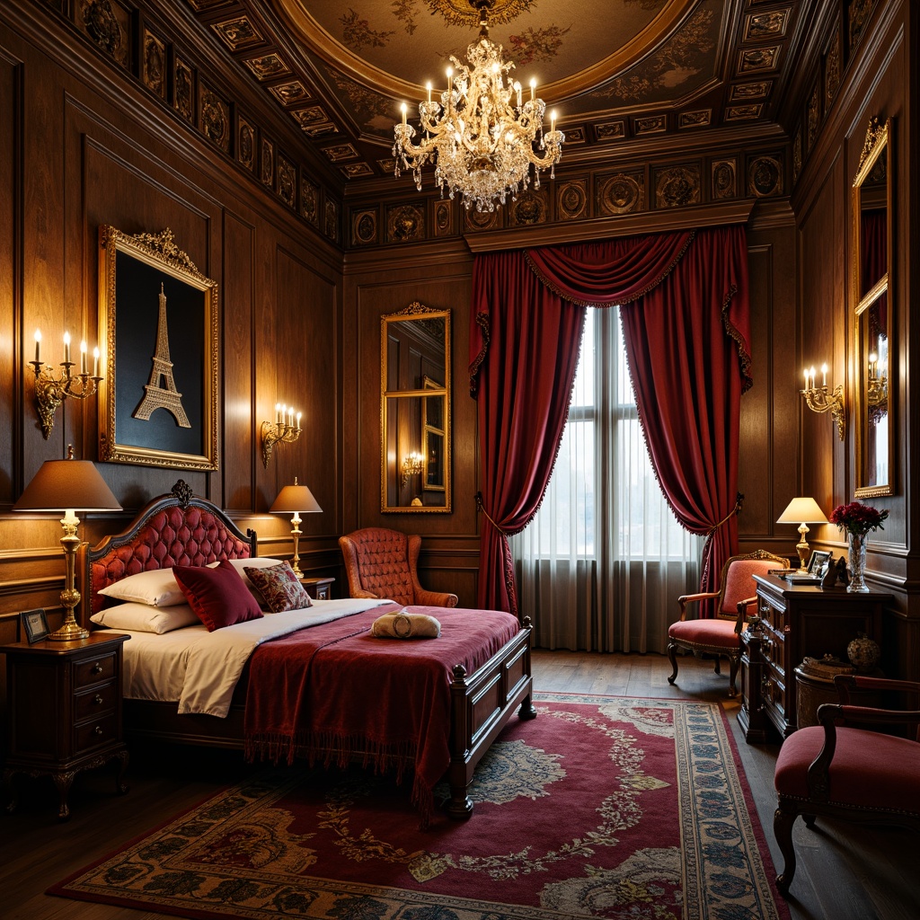 Prompt: Opulent Rococo-style dormitory, lavish furnishings, ornate mirrors, intricately carved wood panels, plush velvet drapes, gilded accents, crystal chandeliers, delicate sconces, ornamental floor lamps, soft warm glow, candlelight ambiance, subtle shadows, dramatic highlights, 1/2 composition, atmospheric lighting, realistic textures, ambient occlusion.