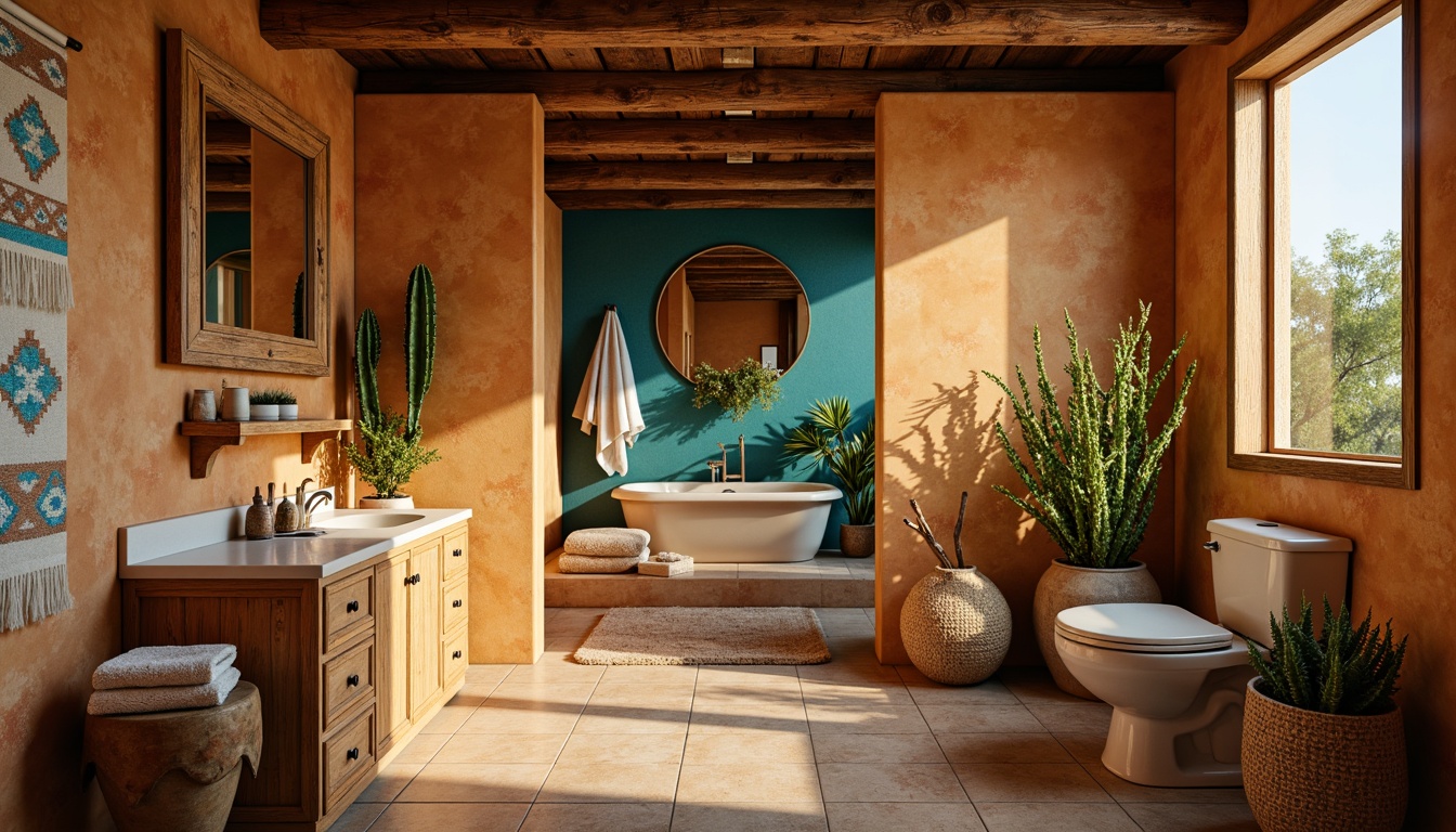 Prompt: Southwestern bathroom, warm earthy tones, wooden cabinetry, rustic distressed finishes, turquoise accents, Native American patterns, woven textiles, natural stone countertops, ceramic tiles, desert botanicals, cactus plants, warm golden lighting, 3/4 composition, shallow depth of field, realistic textures, ambient occlusion.