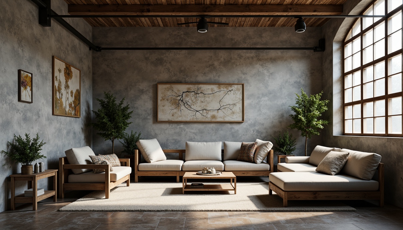 Prompt: Exposed concrete walls, industrial metal accents, reclaimed wood furniture, earthy tones, muted grays, weathered stone floors, natural textiles, raw materiality, dramatic shadows, warm ambient lighting, 3/4 composition, shallow depth of field, realistic textures, ambient occlusion.