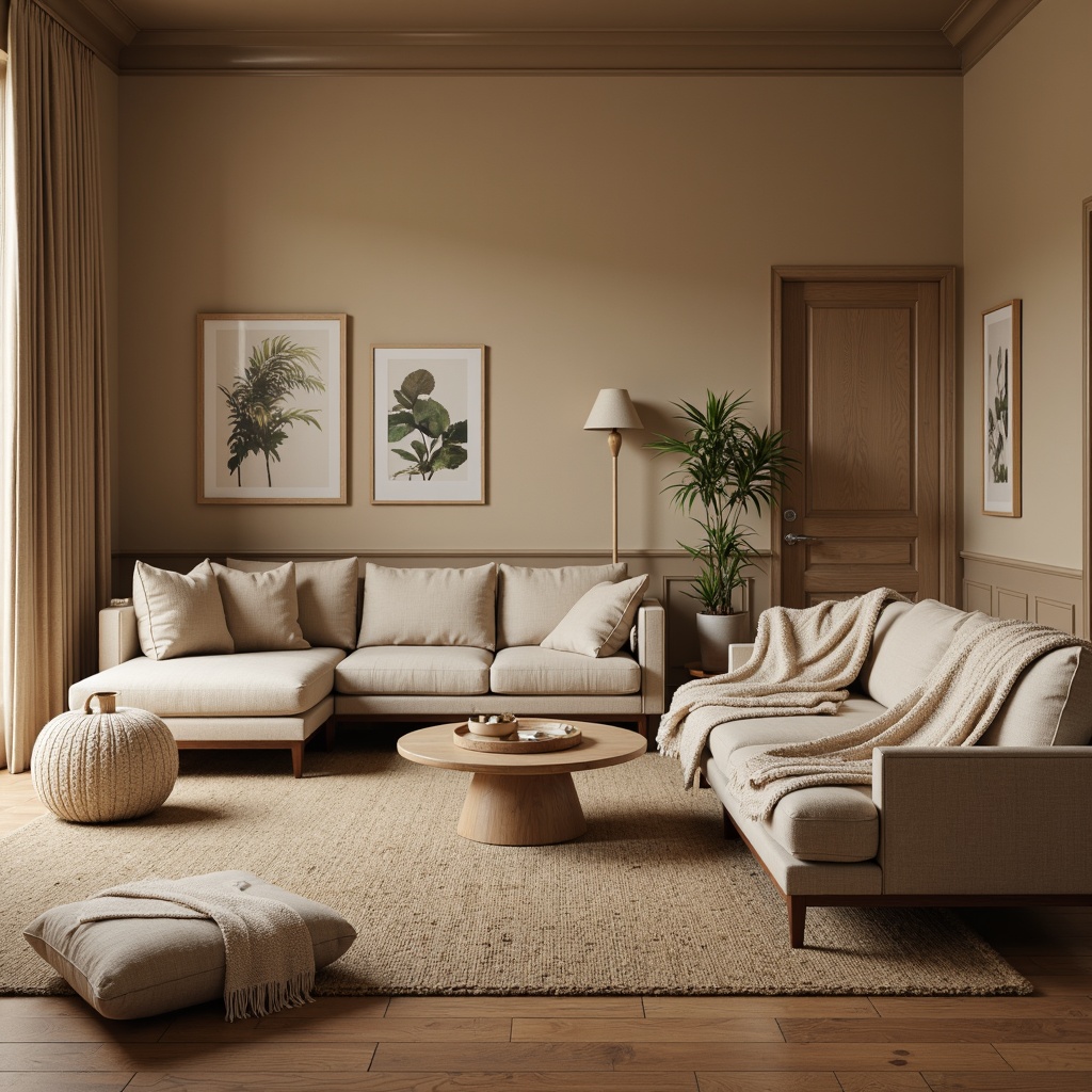 Prompt: Cozy living room, plush throw blankets, soft velvety sofas, warm beige walls, natural wood flooring, comfortable seating areas, modern minimalist decor, subtle texture patterns, gentle warm lighting, shallow depth of field, 1/1 composition, realistic fabrics, ambient occlusion, earthy tone colors, calming atmosphere.