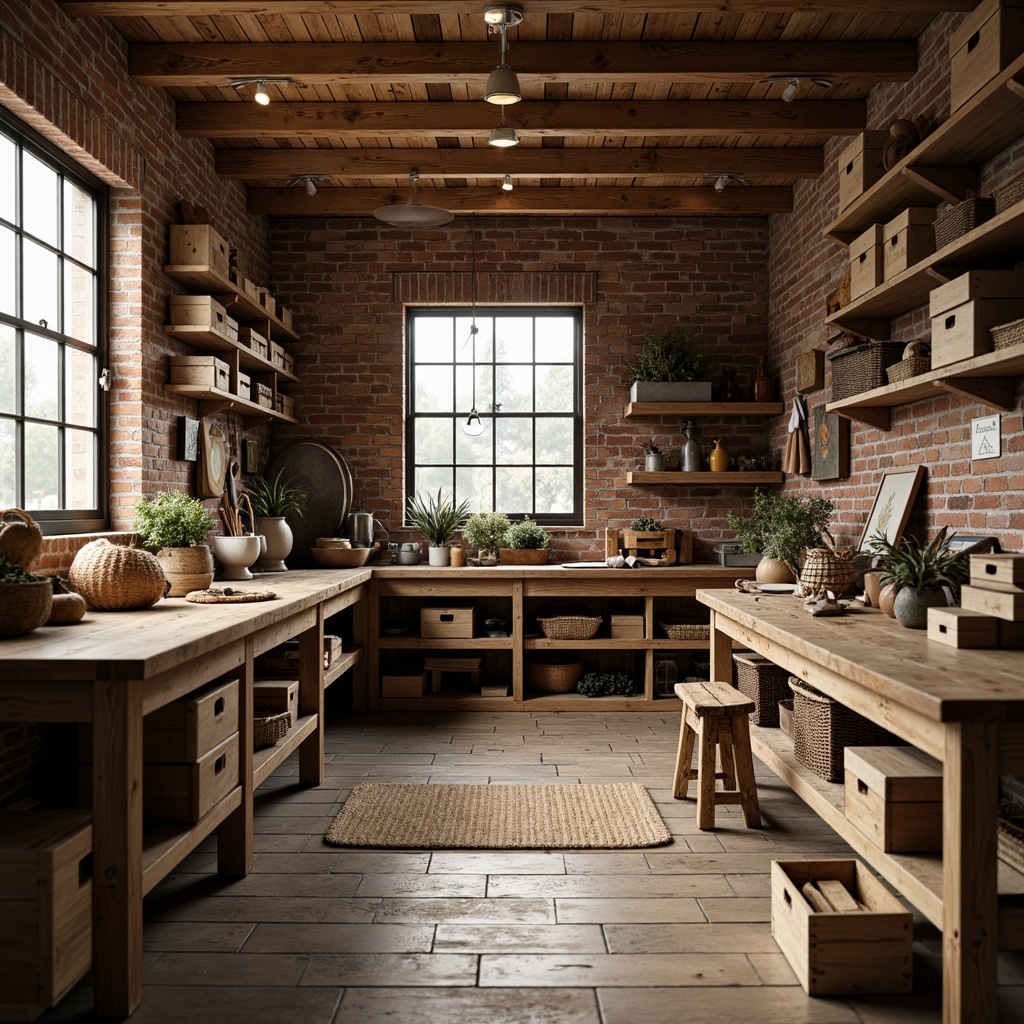 Prompt: Rustic craft room, wooden workbenches, vintage toolboxes, distressed wooden crates, woven baskets, earthy color palette, natural textiles, exposed brick walls, reclaimed wood accents, industrial metal shelving, warm cozy lighting, soft focus, shallow depth of field, 2/3 composition, inviting atmosphere, realistic wood grain textures, ambient occlusion.