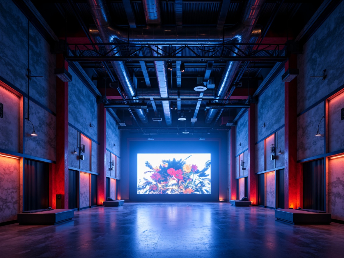 Prompt: Geometric theater interior, minimalist stage design, industrial metal framework, exposed ductwork, bold color accents, abstract art installations, avant-garde lighting fixtures, programmable LED lights, dynamic light shows, futuristic ambiance, dramatic shadows, high-contrast illumination, 1/1 composition, symmetrical framing, sharp geometric shapes, brutalist architectural style, functional simplicity, raw concrete walls, steel beams, urban industrial atmosphere, evening mood, cold blue tone, high-key lighting.