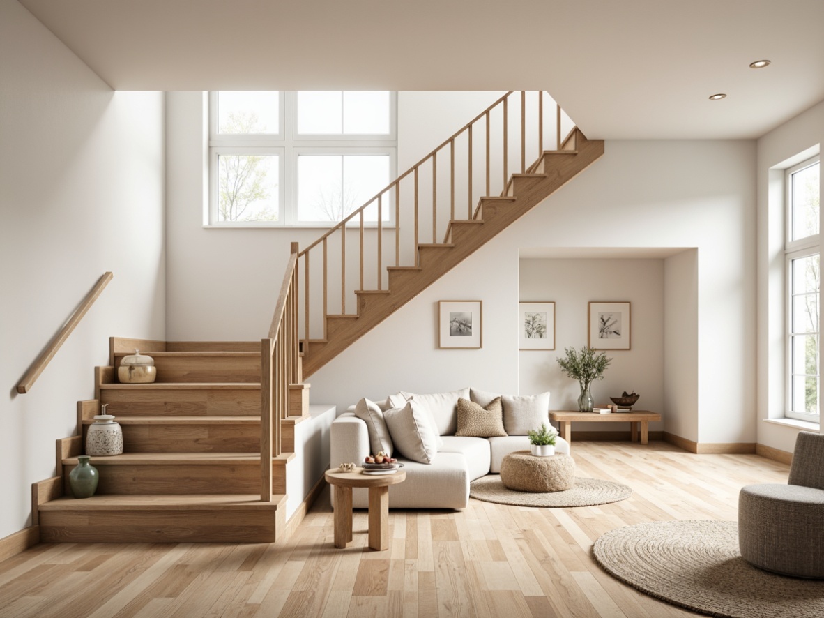 Prompt: Light-filled staircase, Nordic-inspired design, wooden treads, minimalist railing, blonde wood tones, natural oak flooring, herringbone pattern, white-painted walls, large windows, abundant natural light, soft warm atmosphere, subtle texture variations, matte finish, Scandinavian modern aesthetic, cozy reading nooks, plush area rugs, warm beige accents, organic shapes, free-flowing layout, airy openness, 1/1 composition, soft focus blur.