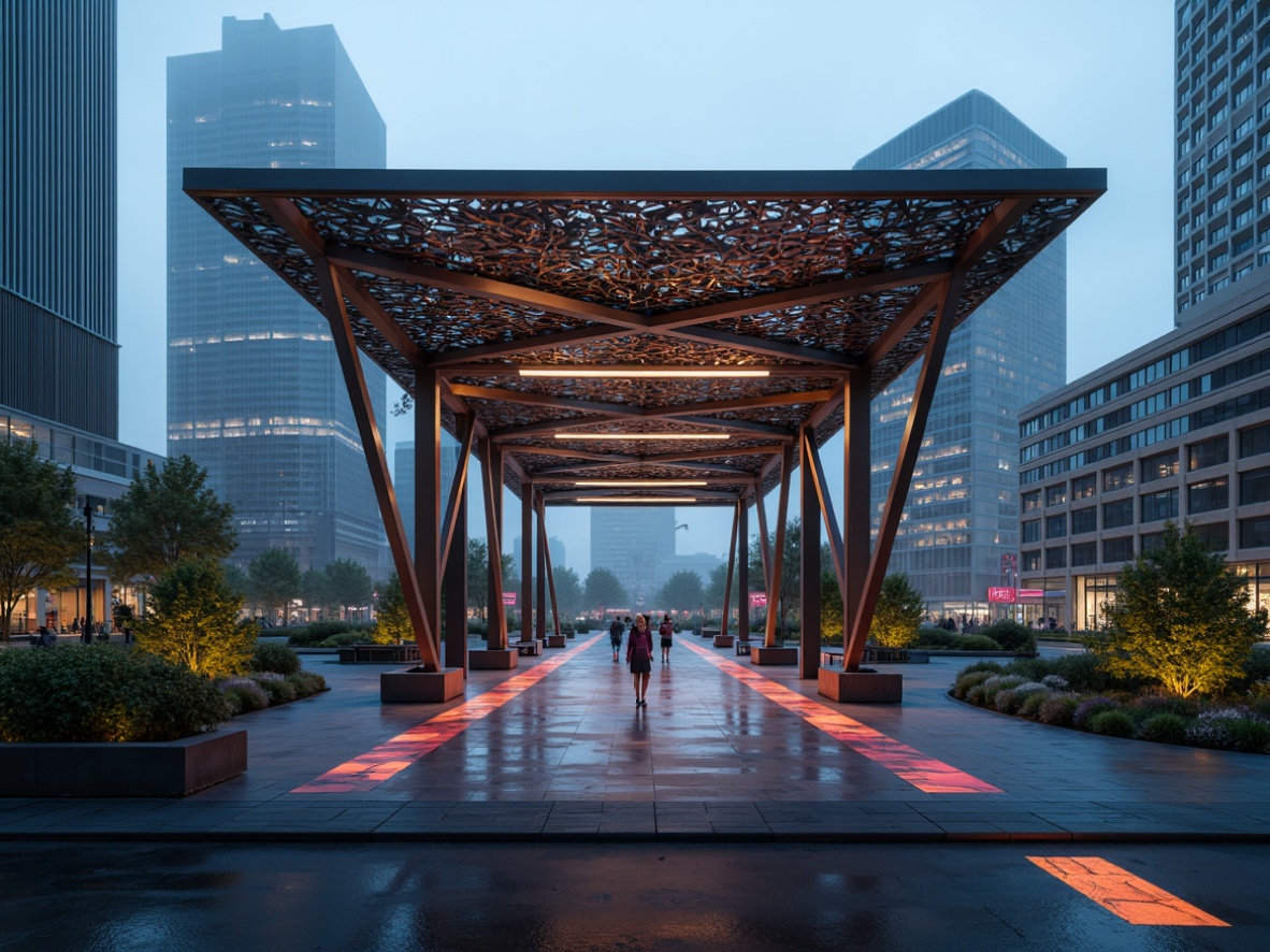 Prompt: Futuristic pavilion, metallic latticework, iridescent colors, holographic patterns, neon lights, glowing accents, polished chrome surfaces, matte black details, angular shapes, geometric motifs, minimalist aesthetic, sleek lines, modernist architecture, urban landscape, cityscape background, misty atmosphere, soft focus, shallow depth of field, 1/2 composition, cinematic lighting, vibrant color palette, realistic reflections.