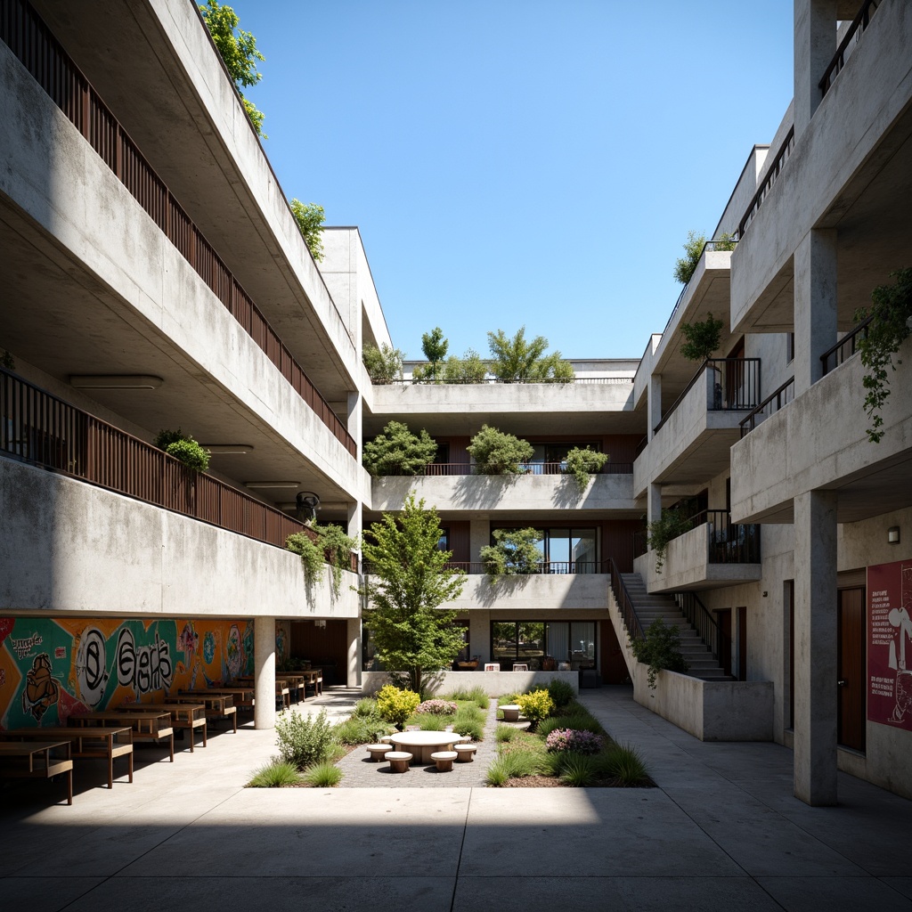 Prompt: Rugged high school campus, brutalist architecture, exposed concrete walls, industrial metal beams, raw unfinished textures, dramatic natural light, open-air courtyards, minimalist landscaping, sparse greenery, functional staircases, rectangular classrooms, modern educational facilities, collaborative learning spaces, flexible seating arrangements, vibrant graffiti murals, urban cityscape backdrop, clear blue sky, strong geometric shadows, high-contrast lighting, 2/3 composition, cinematic atmosphere, realistic material textures.