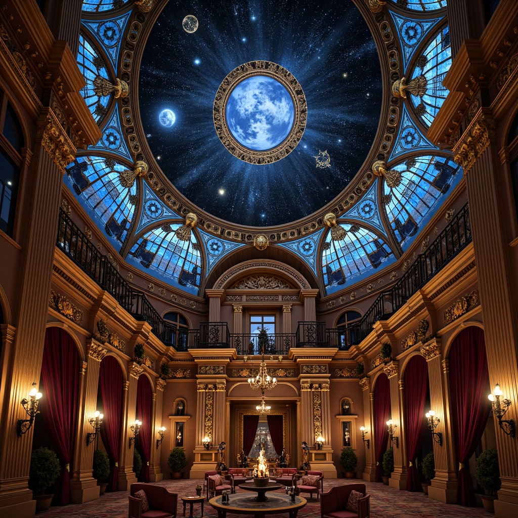 Prompt: Intricate starry night sky, ornate Victorian-style planetarium, grandiose architecture, intricate ironwork, stained glass dome, celestial bodies, constellations, golden accents, luxurious velvet curtains, antique telescopes, brass fixtures, rich wood paneling, detailed moldings, lavish chandeliers, warm soft lighting, shallow depth of field, 1/1 composition, symmetrical framing, realistic textures, ambient occlusion.