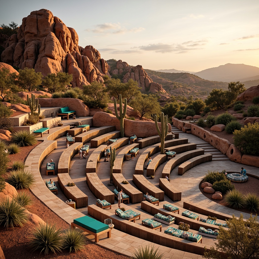 Prompt: Southwestern amphitheater, tiered seating, rustic wooden benches, vibrant turquoise accents, desert flora, sandy terrain, rock formations, cacti silhouettes, warm golden lighting, dramatic sunset views, shallow depth of field, 1/1 composition, panoramic view, realistic textures, ambient occlusion, innovative curved rows, cozy conversation pits, flexible lounge chairs, colorful woven textiles, natural stone pathways.