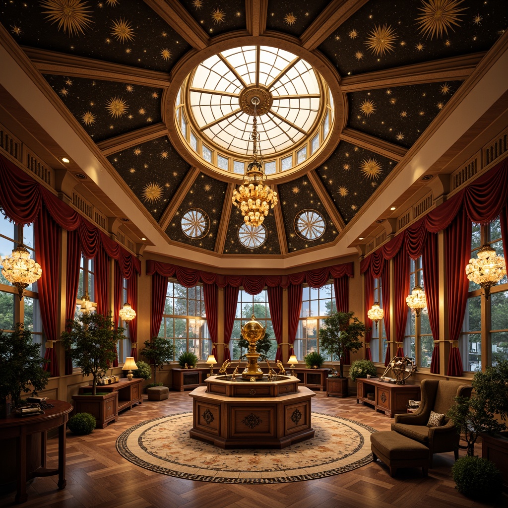 Prompt: Ornate Victorian planetarium, intricate star-patterned ceiling, warm golden lighting, vintage astronomical instruments, celestial-inspired chandeliers, stained glass dome, rich wood paneling, luxurious velvet drapes, ornamental metalwork, mystical ambiance, soft diffused light, 1/1 composition, shallow depth of field, realistic textures, ambient occlusion.