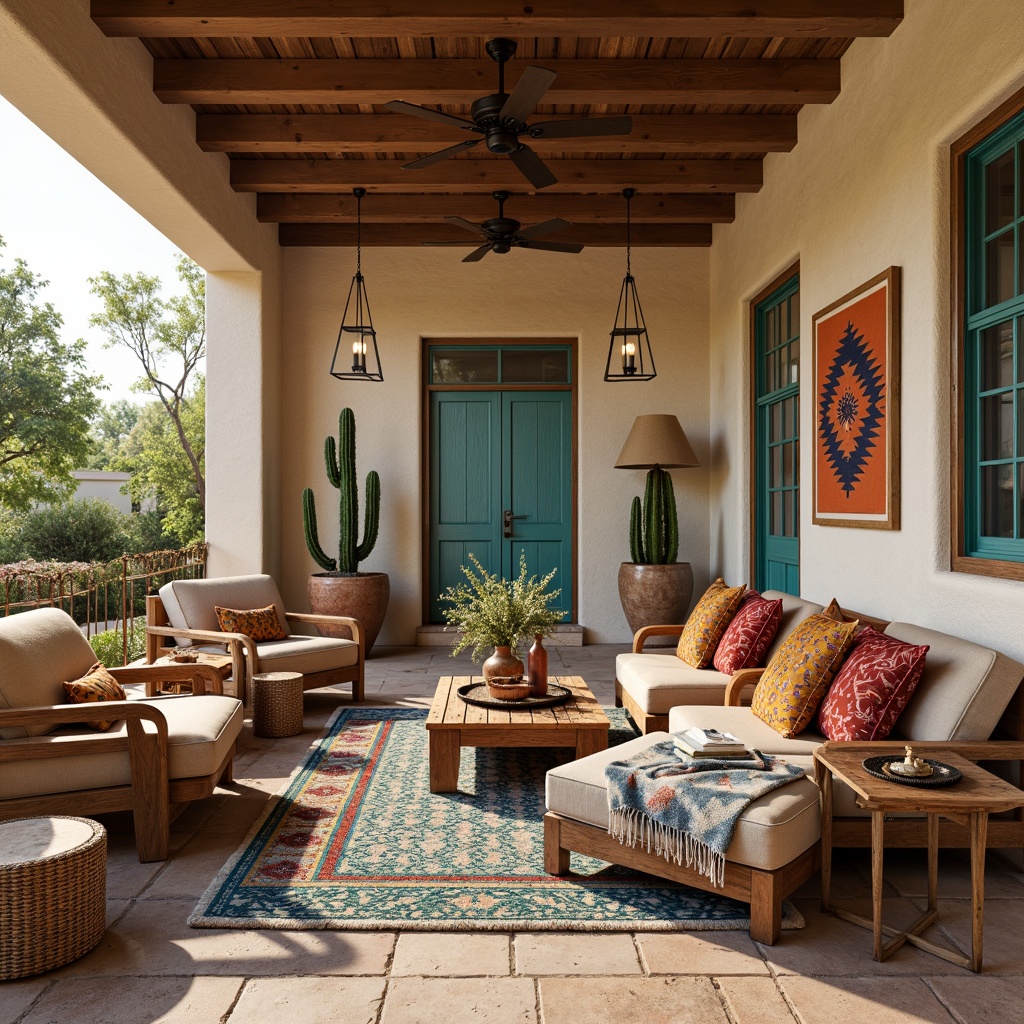 Prompt: Vibrant turquoise accents, rustic wooden furniture, woven wicker chairs, plush desert-inspired upholstery, cactus-shaped decorations, earthy terracotta pots, warm beige stucco walls, vibrant Native American patterns, geometric tribal textiles, distressed leather armchairs, reclaimed wood coffee tables, pendant lamps with natural linen shades, sun-kissed outdoor spaces, desert flora arrangements, warm sandy hues, cozy throw blankets with Southwestern motifs.