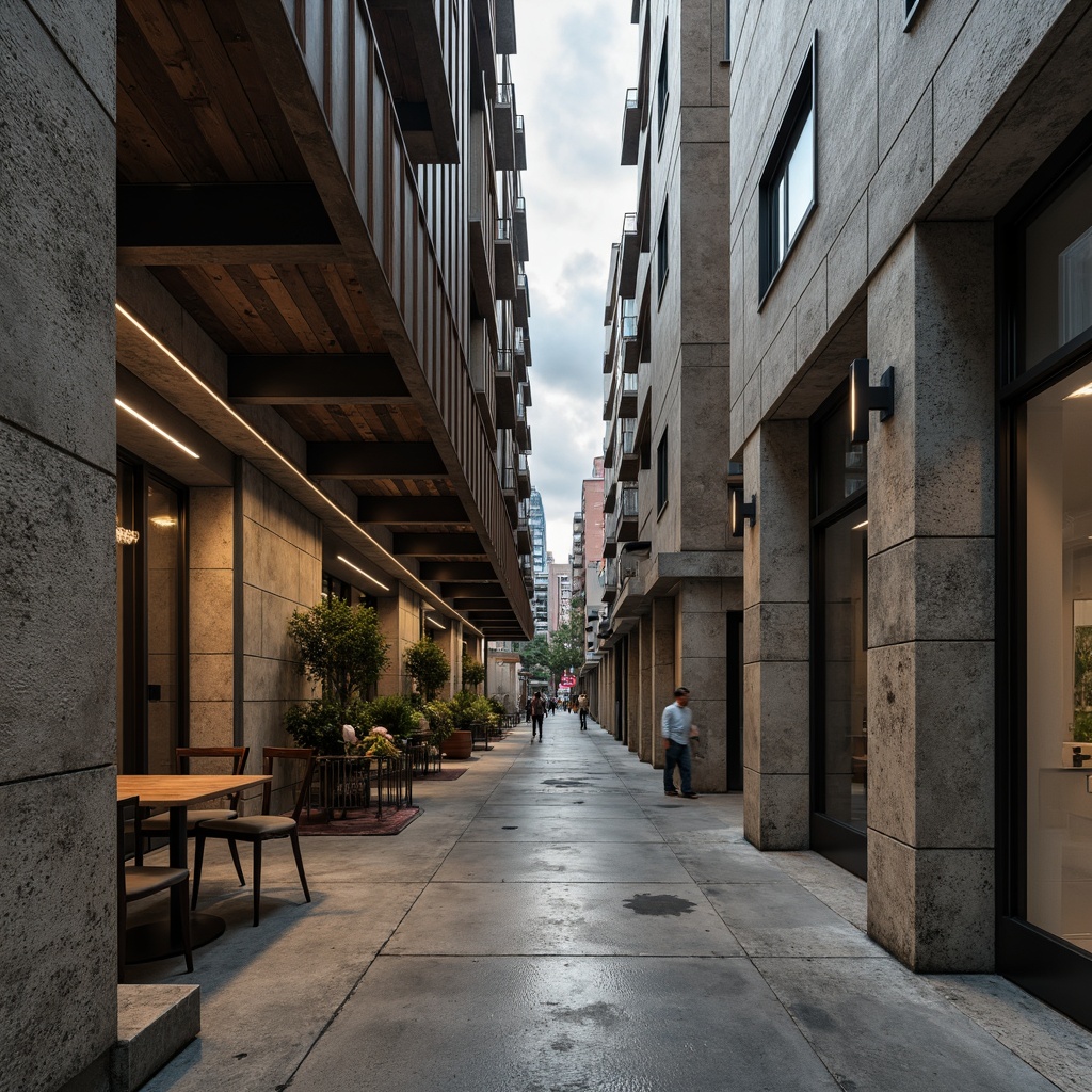 Prompt: Rugged brutalist architecture, raw concrete textures, natural stone walls, reclaimed wood accents, industrial metal beams, exposed ductwork, minimalist aesthetics, urban cityscape, overcast skies, dramatic shadows, harsh warm lighting, high contrast ratios, 1/1 composition, symmetrical framing, realistic material renderings, ambient occlusion.