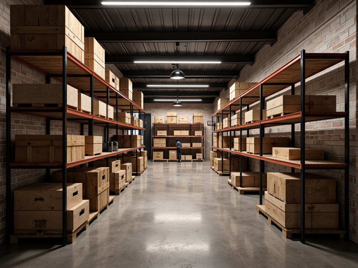 Prompt: Industrial-style storage room, metal shelving units, rustic wooden crates, exposed brick walls, concrete floors, modern track lighting, suspended linear fixtures, minimalist pendant lamps, warm white LED strips, soft ambient glow, 1/1 composition, realistic reflections, subtle color grading.