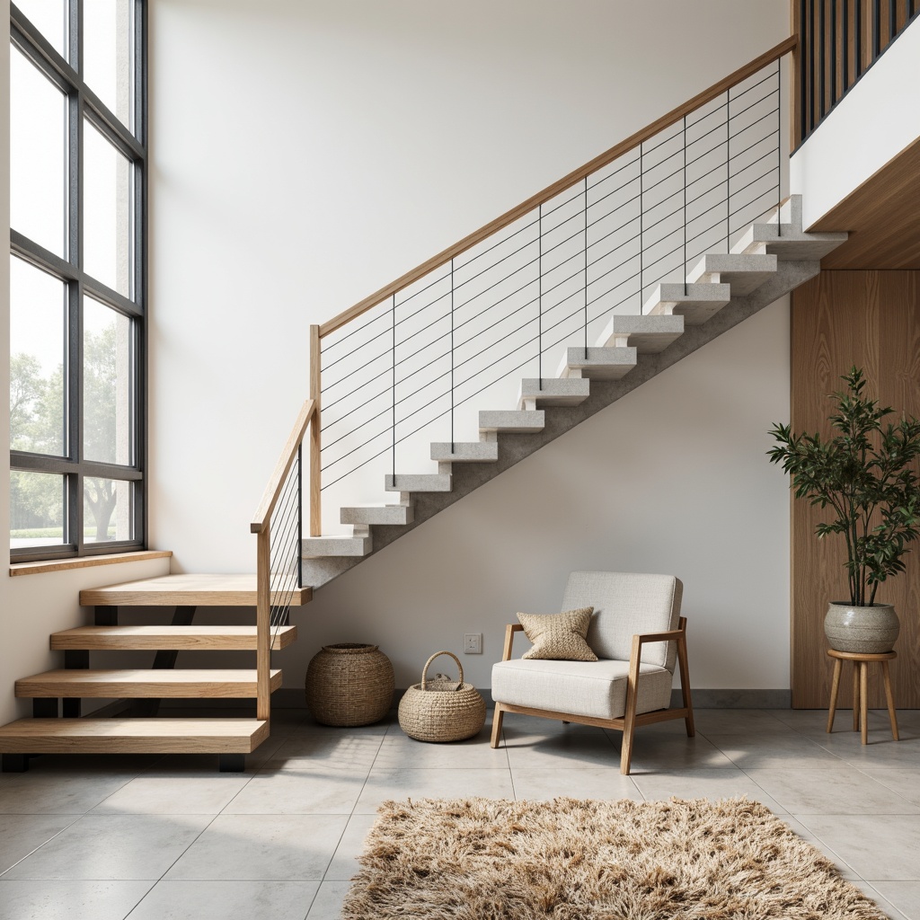 Prompt: Light-filled Scandinavian staircase, minimalist design, sleek metal railing, wooden treads, natural oak flooring, light gray stone steps, industrial-chic concrete floors, warm beige carpeting, soft plush area rugs, Nordic-inspired geometric patterns, subtle texture contrasts, airy atmosphere, abundant natural light, 1/1 composition, shallow depth of field, realistic textures, ambient occlusion.