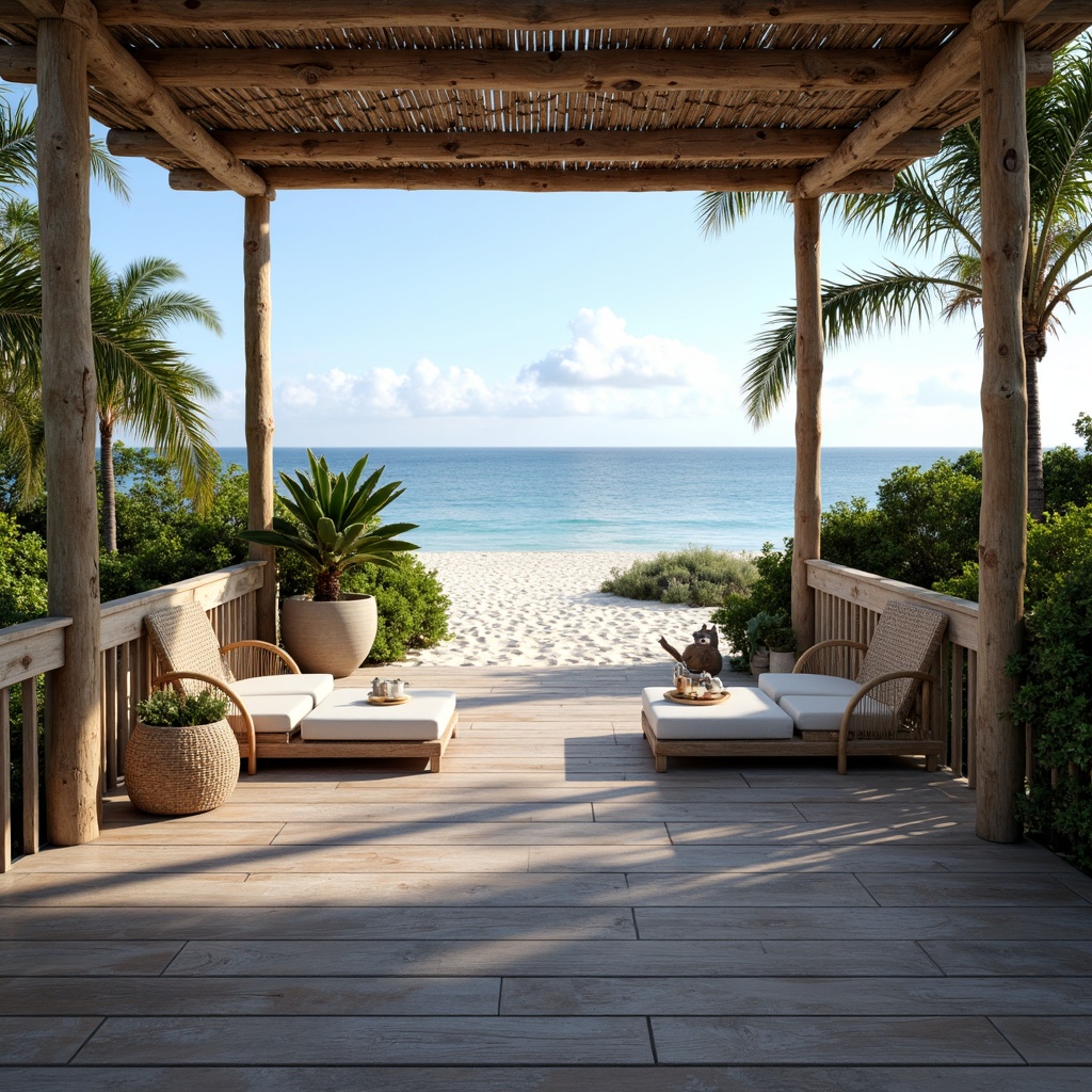 Prompt: Sandy beach, calming ocean views, driftwood accents, natural textures, weathered wooden decks, coastal pathway lighting, sea salt air, refreshing breeze, open airy spaces, minimalist decor, nautical rope details, navy blue and white color scheme, distressed wood furniture, potted palm trees, woven wicker chairs, soft warm sunlight, shallow depth of field, 1/1 composition, serene atmosphere, realistic water effects.