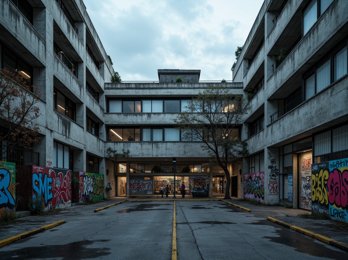 Prompt: Gritty high school building, brutalist architecture, raw concrete walls, industrial metal beams, bold graffiti murals, urban cityscape, overcast sky, dramatic shadows, cold harsh lighting, 3/4 composition, realistic textures, ambient occlusion, muted color palette, deep blues, dark greys, weathered steel tones, worn asphalt grounds, rusty metal accents, distressed wood textures, vintage signage, retro-inspired typography.