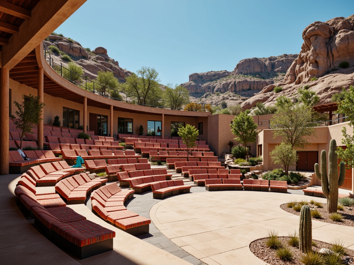 Prompt: Southwestern amphitheater, tiered seating, curved rows, rustic wooden benches, vibrant turquoise accents, earthy brown stone walls, natural rock formations, desert flora, cacti, succulents, warm sunny day, clear blue sky, shallow depth of field, 3/4 composition, panoramic view, realistic textures, ambient occlusion, comfortable cushioning, ergonomic design, sleek metal frames, bold red and orange hues, geometric patterns, tribal-inspired textiles.