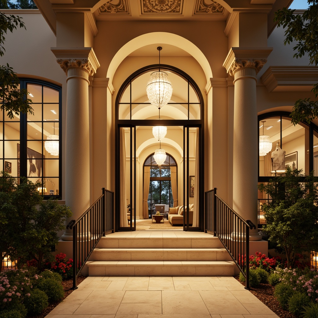 Prompt: Grand entrance, elegant archways, ornate doorframes, warm golden lighting, soft ambient glow, recessed LED lights, floor-to-ceiling windows, natural daylight, sophisticated chandeliers, crystal pendant lights, modern lanterns, subtle wall sconces, inviting porch, lush greenery, blooming flowers, warm beige stone flooring, sleek metal handrails, minimalist design, shallow depth of field, 3/4 composition, realistic textures, ambient occlusion.