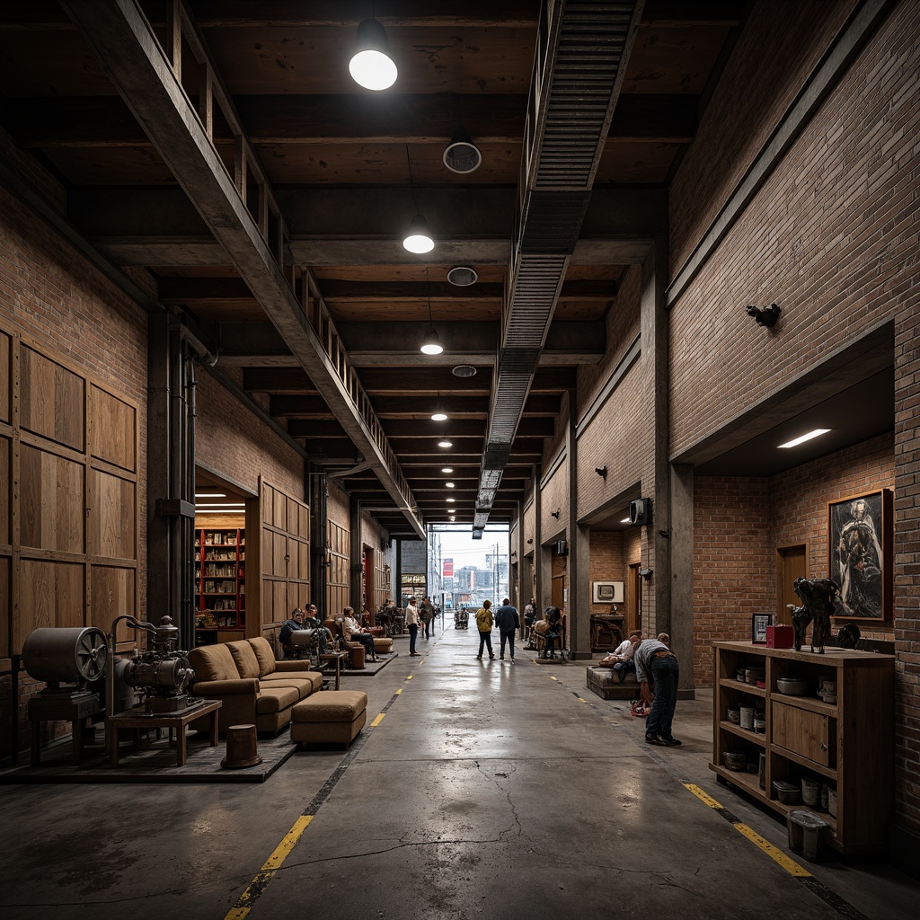 Prompt: Industrial warehouse atmosphere, exposed brick walls, metal beams, distressed wood accents, rusty machinery, urban cityscape, moody dark tones, rich earthy shades, weathered concrete textures, matte finishes, warm golden lighting, dramatic shadows, high contrast ratio, gritty realistic renderings.