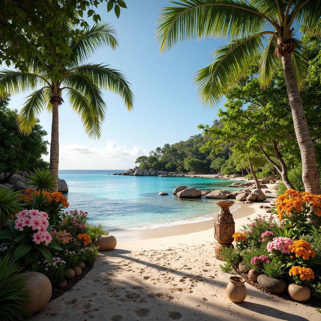 Prompt: Vibrant tropical island, lush green palms, exotic floral arrangements, warm sandy beaches, crystal-clear turquoise waters, colorful coral reefs, bright sunny day, soft warm lighting, 3/4 composition, panoramic view, realistic textures, ambient occlusion, pastel pink hibiscus flowers, bold orange marigolds, soothing mint greenery, rich wood accents, natural woven fibers, rattan furniture, vibrant tiki torches, abstract geometric patterns, distressed wood textures.