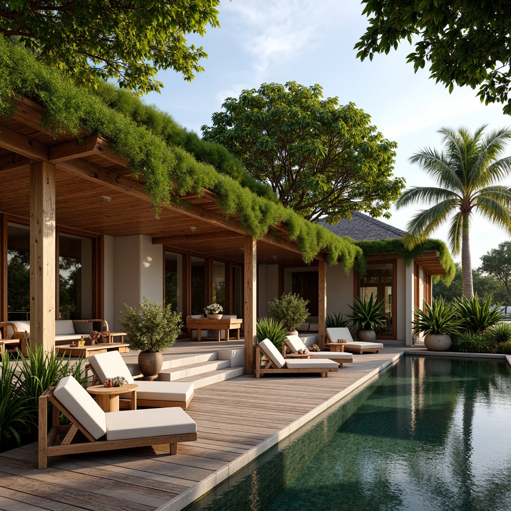 Prompt: Tropical modern villa, lush green roof, bamboo accents, reclaimed wood flooring, rattan furniture, natural fiber textiles, earthy color palette, organic shapes, curvaceous lines, open-plan living space, floor-to-ceiling windows, sliding glass doors, shaded outdoor areas, misting systems, tropical plants, palm trees, vibrant floral arrangements, warm ambient lighting, soft focus, 1/2 composition, atmospheric perspective.