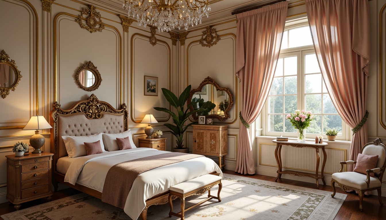 Prompt: Luxurious boudoir, ornate gold accents, delicate porcelain vases, intricately carved wooden furniture, soft velvet upholstery, lavish silk drapes, crystal chandeliers, curvaceous lines, feminine elegance, French aristocratic flair, romantic ambiance, warm candlelight, subtle pastel hues, rich wood tones, ornamental mirrors, gilded frames, whimsical Rococo patterns, delicate florals, airy lightness, 1/1 composition, soft focus, warm color palette.