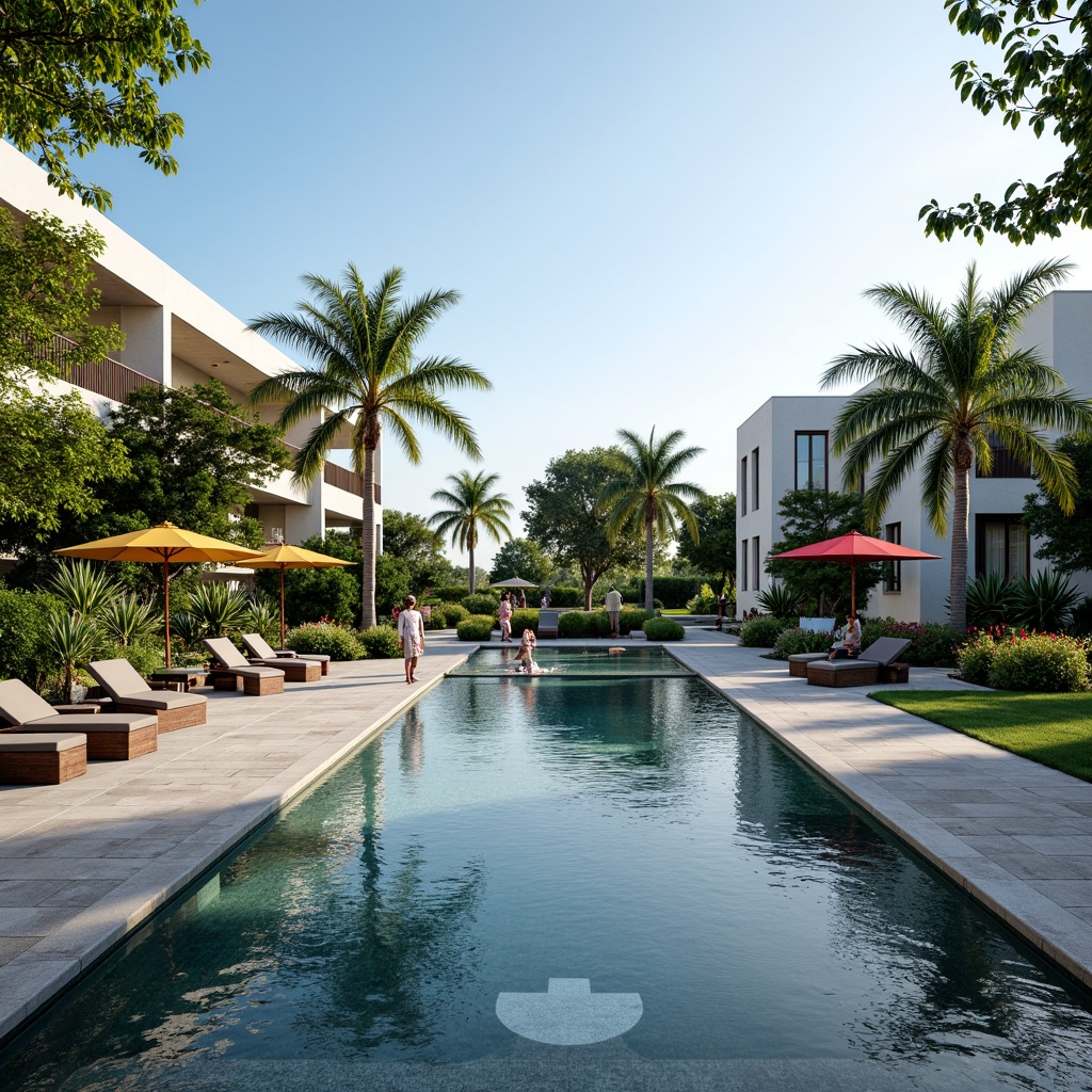 Prompt: Luxurious pool area, natural stone coping, sleek glass tiles, infinity edge design, cascading waterfalls, modern outdoor furniture, comfortable lounge chairs, colorful umbrellas, vibrant tropical plants, warm sunny day, soft gentle lighting, shallow depth of field, 3/4 composition, panoramic view, realistic textures, ambient occlusion.