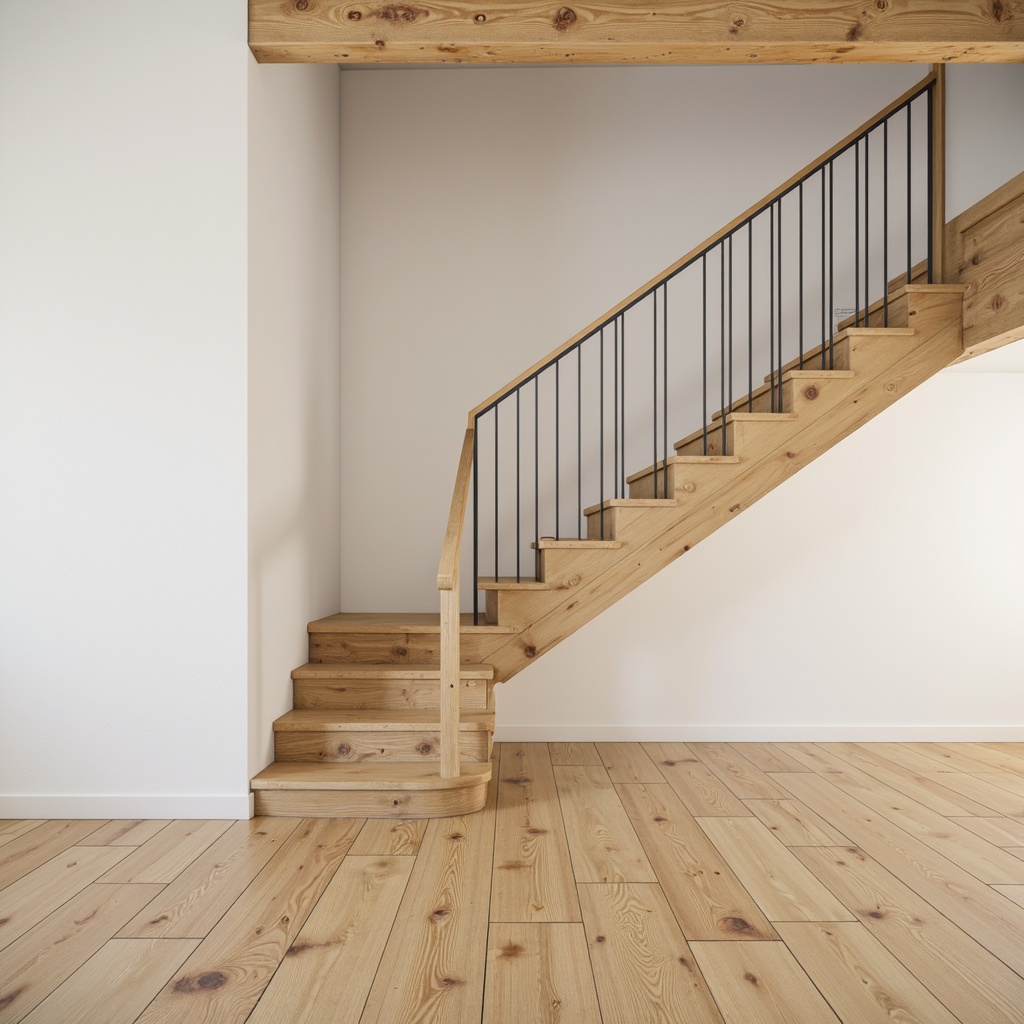 Prompt: Light-toned wooden planks, natural oak flooring, creamy white walls, minimalist railings, industrial metal handrails, reclaimed wood accents, distressed textures, soft warm lighting, 1/1 composition, shallow depth of field, realistic wood grains, subtle shadows, Nordic-inspired patterns, gentle color palette, organic shapes, harmonious blend of materials.