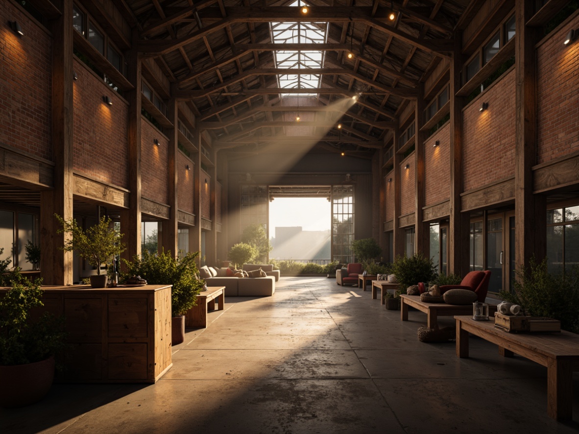 Prompt: Rustic warehouse interior, exposed beams, worn brick walls, metal trusses, industrial chic decor, reclaimed wood accents, distressed textures, dimly lit ambiance, warm golden lighting, atmospheric fog, low-key shadows, 1/2 composition, cinematic framing, gritty realistic render, subtle noise grain.