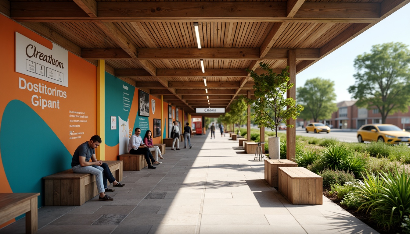 Prompt: Vibrant bus station, local cultural influences, rustic wooden accents, earthy tone color scheme, informative signage, clear directions, intuitive navigation, bold typography, bright LED lighting, natural stone flooring, modern minimalist benches, lush greenery, warm sunny day, shallow depth of field, 3/4 composition, panoramic view, realistic textures, ambient occlusion.