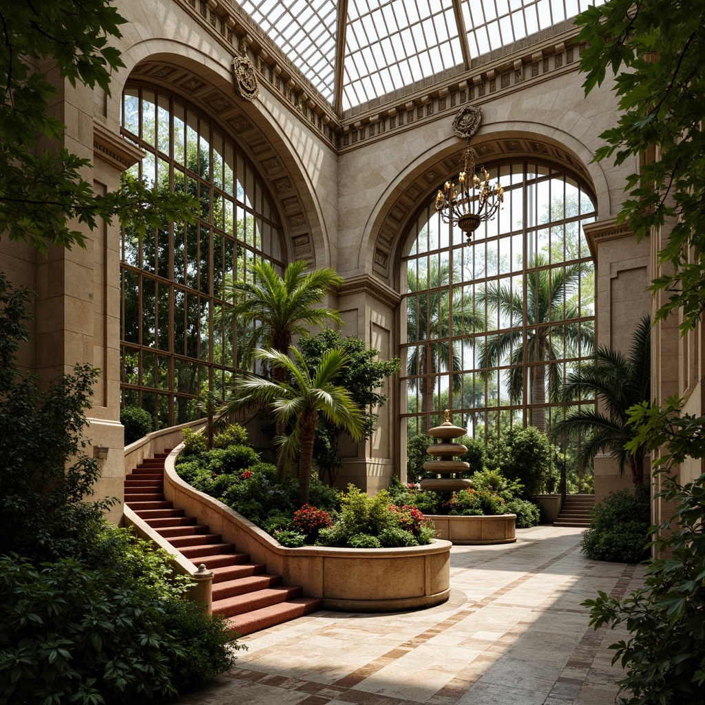 Prompt: Ornate greenhouse, lush tropical plants, delicate ironwork, intricate stone carvings, ornamental fountains, grandiose staircases, opulent chandeliers, lavish velvet drapes, richly patterned tile floors, majestic arched windows, regal crown molding, soft warm lighting, shallow depth of field, 1/1 composition, realistic textures, ambient occlusion.