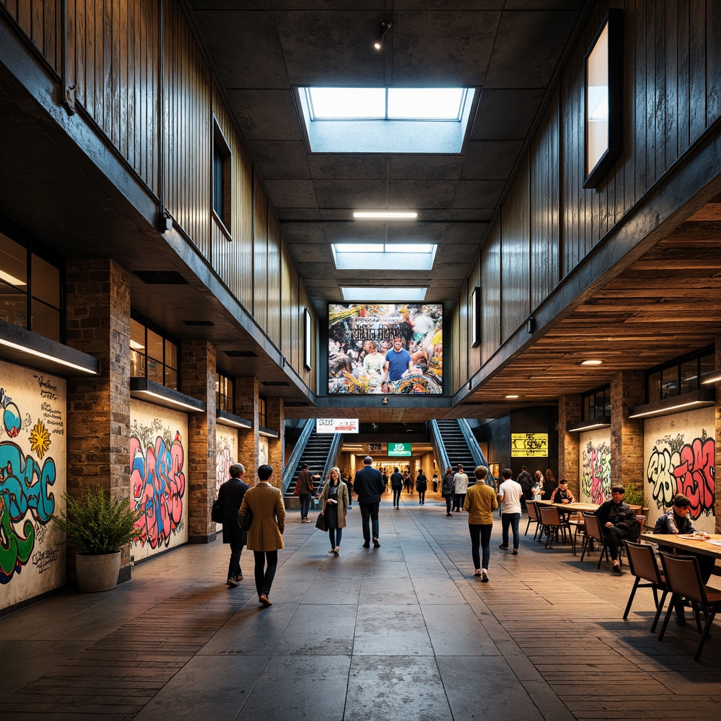 Prompt: Rustic train station, textured walls, postmodernist architecture, vibrant graffiti, industrial metal beams, reclaimed wood accents, distressed concrete floors, urban eclectic vibe, modern LED lighting, futuristic escalators, abstract geometric patterns, bold color schemes, eclectic furniture arrangements, busy commuter atmosphere, shallow depth of field, 1/1 composition, dramatic shadows, realistic textures, ambient occlusion.