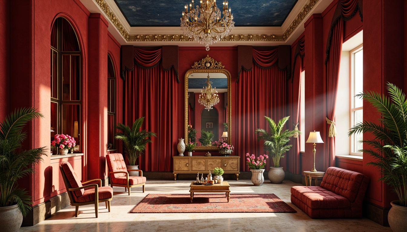 Prompt: Luxurious velvet fabrics, rich gold accents, ornate mirror frames, grand chandeliers, opulent furnishings, intricate wood carvings, lavish drapery, bold red walls, deep blue ceilings, warm beige marble floors, soft cream moldings, dramatic shadows, golden lighting, 1/1 composition, high-contrast textures, realistic reflections.