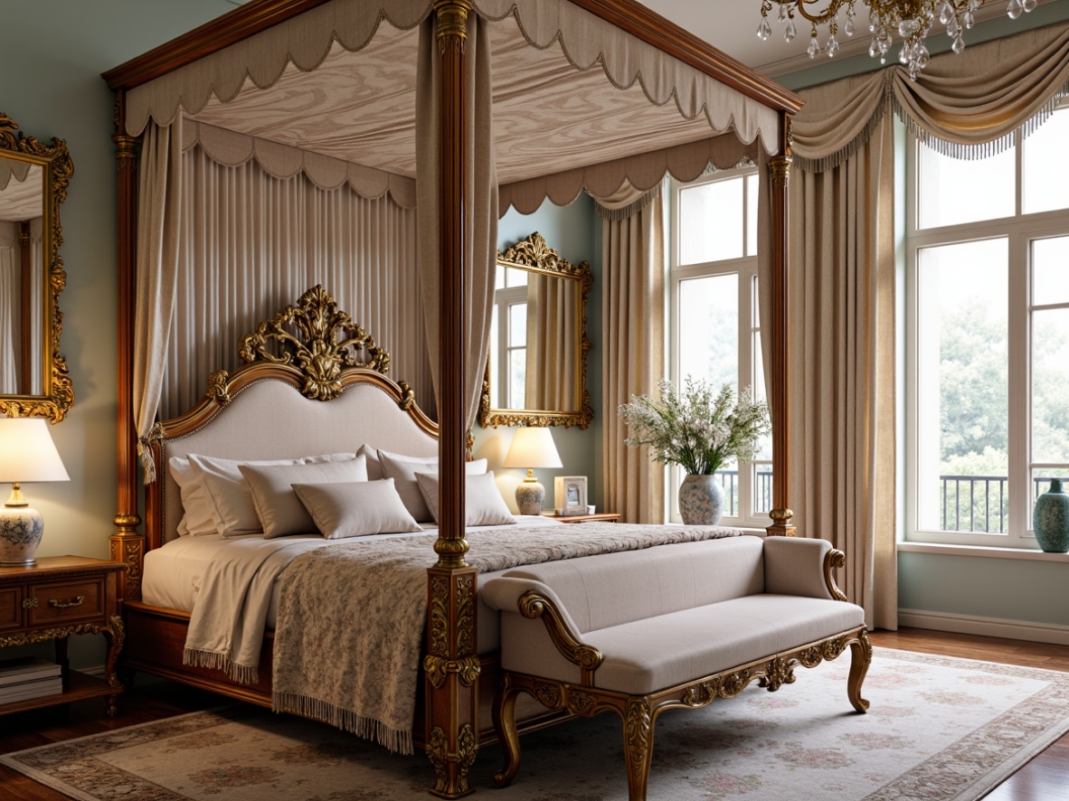 Prompt: Ornate rococo bedframe, intricately carved wooden panels, velvet upholstery, gilded mirror frames, luxurious drapery, tassel-trimmed curtains, ornamental ceiling fixtures, crystal chandeliers, delicate porcelain vases, French Renaissance-inspired furniture, curved lines, cabriole legs, scalloped edges, soft pastel colors, Rococo-style wall ornaments, lavish fabrics, gold leaf accents, dramatic lighting, shallow depth of field, 1/2 composition, realistic textures.