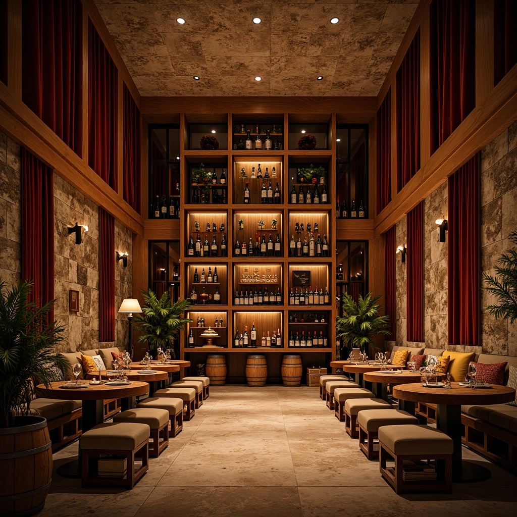 Prompt: Luxurious wine cellar, rich wood tones, warm earthy colors, dimmable LED lighting, rustic stone walls, ornate metalwork, elegant glass racks, velvet drapes, sophisticated ambiance, intimate seating areas, refined wooden barrels, vintage wine crates, soft golden glow, cozy atmosphere, subtle color contrast, 2/3 composition, dramatic shadows, realistic wood textures, ambient occlusion.