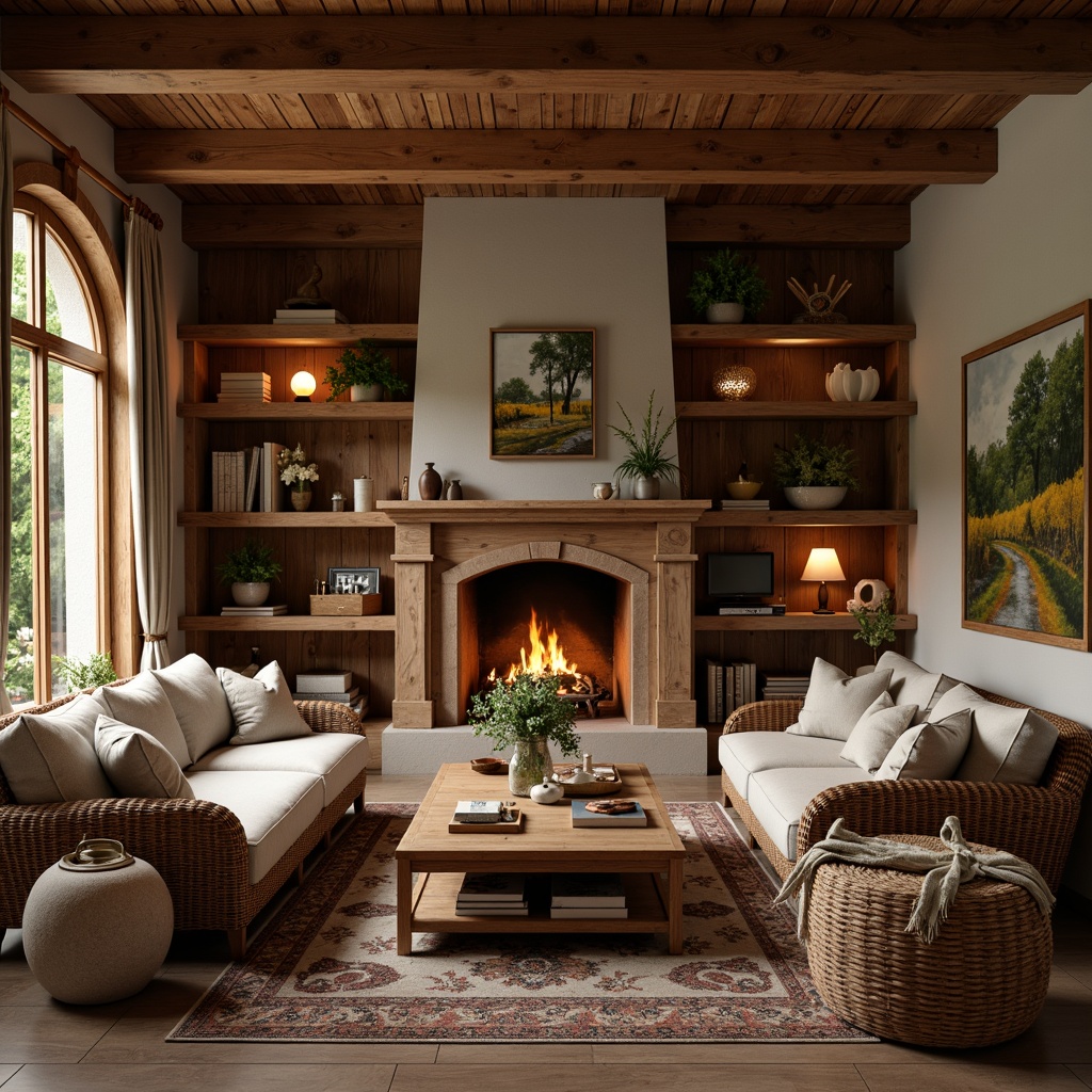 Prompt: Cozy living room, warm wooden accents, exposed beam ceiling, rustic charm, earthy tones, natural materials, comfortable furniture, plush textiles, soft warm lighting, shallow depth of field, 1/1 composition, intimate atmosphere, vintage decorative items, traditional craftsmanship, rich wood grain, sturdy columns, elegant archways, inviting color palette, serene ambiance, organic shapes, nature-inspired elements.