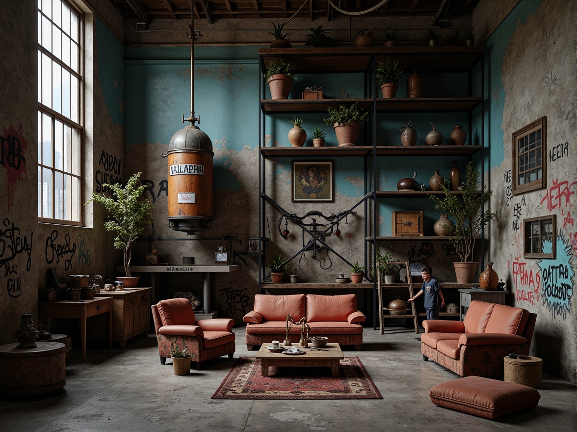 Prompt: 1 composition, moody contrasting colors, rich earthy tones, muted blues, deep reds, worn metallic textures, vintage industrial machinery, old factory equipment, reclaimed wood furniture, metal scaffolding, concrete floors, edgy urban graffiti.