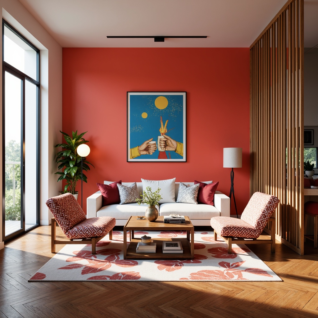 Prompt: Vibrant living room, bold accent walls, bright coral hues, statement furniture pieces, patterned throw pillows, rich wood flooring, natural light pouring in, airy atmosphere, modern interior design, sleek lines, minimalist decor, colorful artwork, playful textiles, eclectic accessories, warm ambient lighting, shallow depth of field, 1/1 composition, realistic textures.