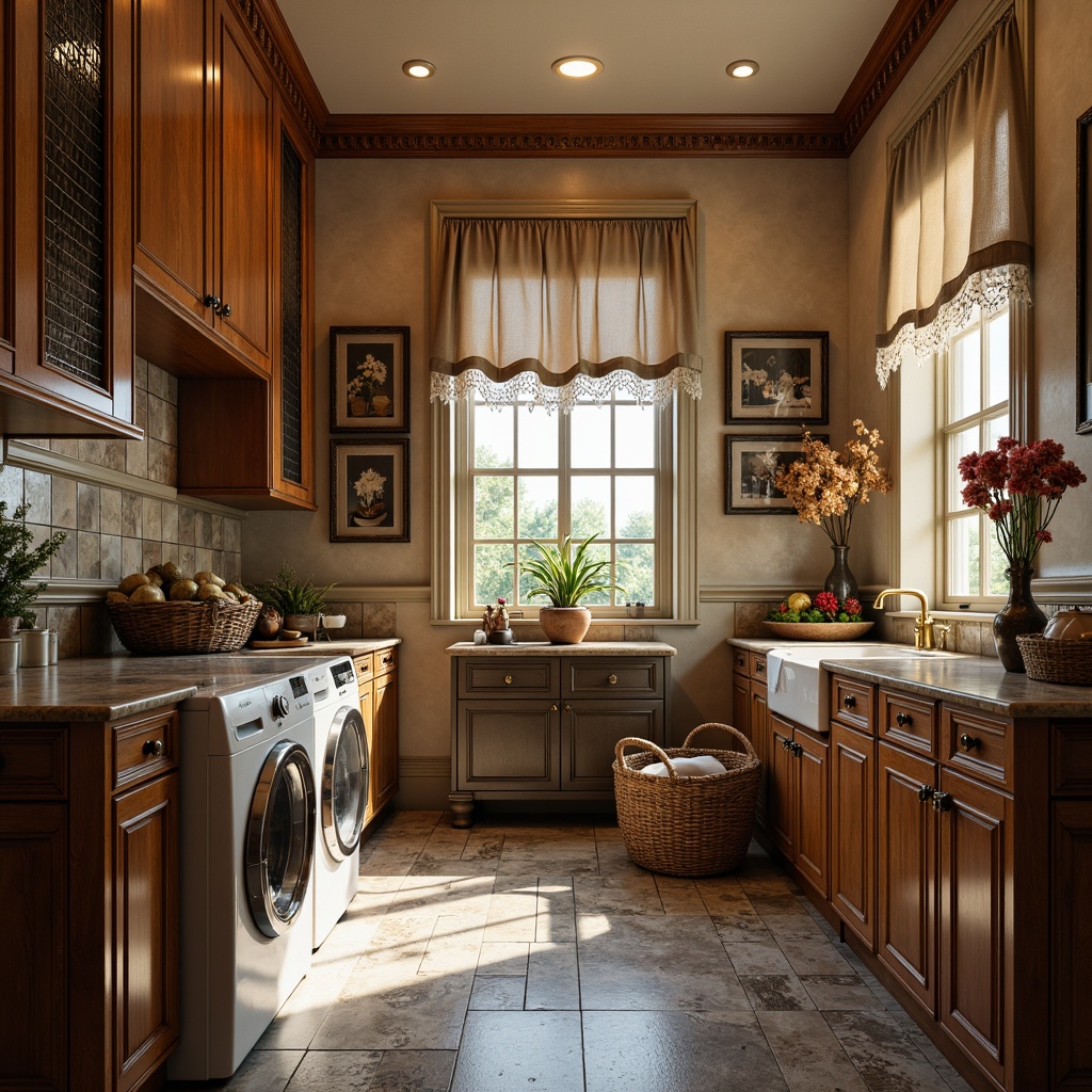 Prompt: Luxurious laundry room, rich wooden cabinets, ornate metal fixtures, vintage-inspired washing machines, distressed stone floors, soft warm lighting, elegant ceramic tiles, intricate moldings, floral patterned wallpaper, velvet drapes, antique bronze faucets, delicate lace curtains, nostalgic ambiance, warm beige colors, 1/2 composition, shallow depth of field, realistic textures.