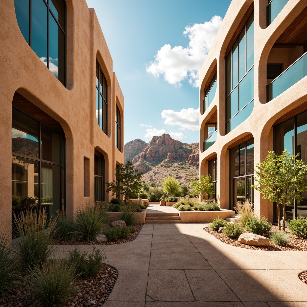 Prompt: Southwestern style hospital, adobe architecture, earthy tones, natural stone walls, wooden accents, curved lines, vibrant turquoise, sandy beige, desert landscape views, floor-to-ceiling windows, clerestory windows, open-air courtyards, lush greenery, native plants, soft warm lighting, shallow depth of field, 3/4 composition, panoramic view, realistic textures, ambient occlusion.