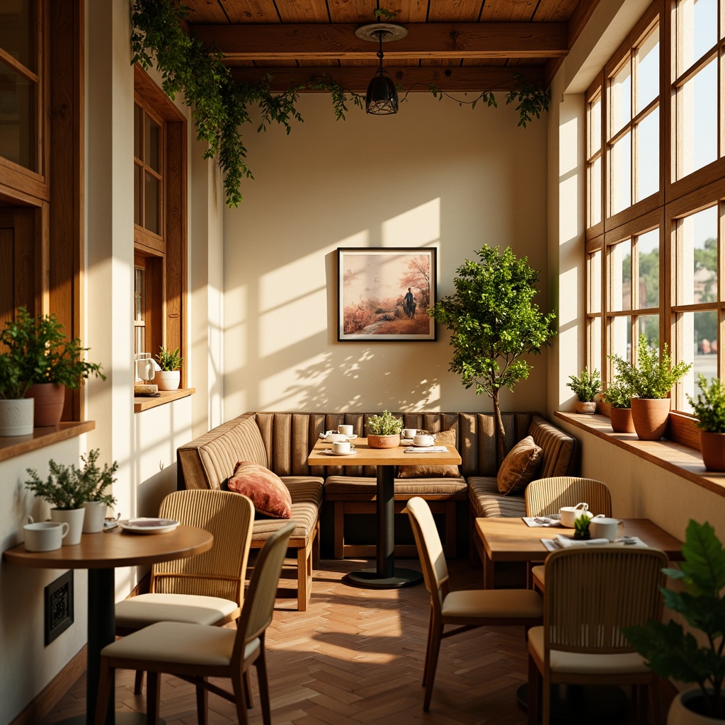 Prompt: Cozy breakfast nook, warm beige walls, soft golden lighting, rustic wooden tables, vintage metal chairs, natural woven fibers, earthy terracotta pots, lush greenery, fragrant blooming flowers, creamy white ceramics, distressed wood accents, warm copper tones, sunny morning ambiance, shallow depth of field, 1/1 composition, realistic textures, ambient occlusion.