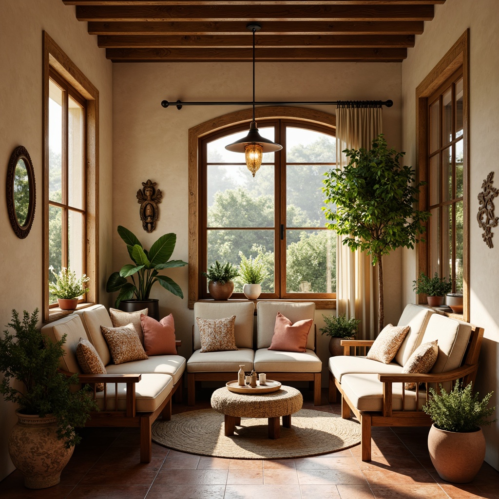 Prompt: Rustic wooden furniture, curved lines, ornate carvings, distressed finishes, earthy color palette, terracotta pots, lush greenery, natural textiles, woven baskets, vintage decorative accents, warm beige walls, arched windows, rustic stone floors, soft golden lighting, shallow depth of field, 3/4 composition, cozy atmosphere, inviting ambiance.