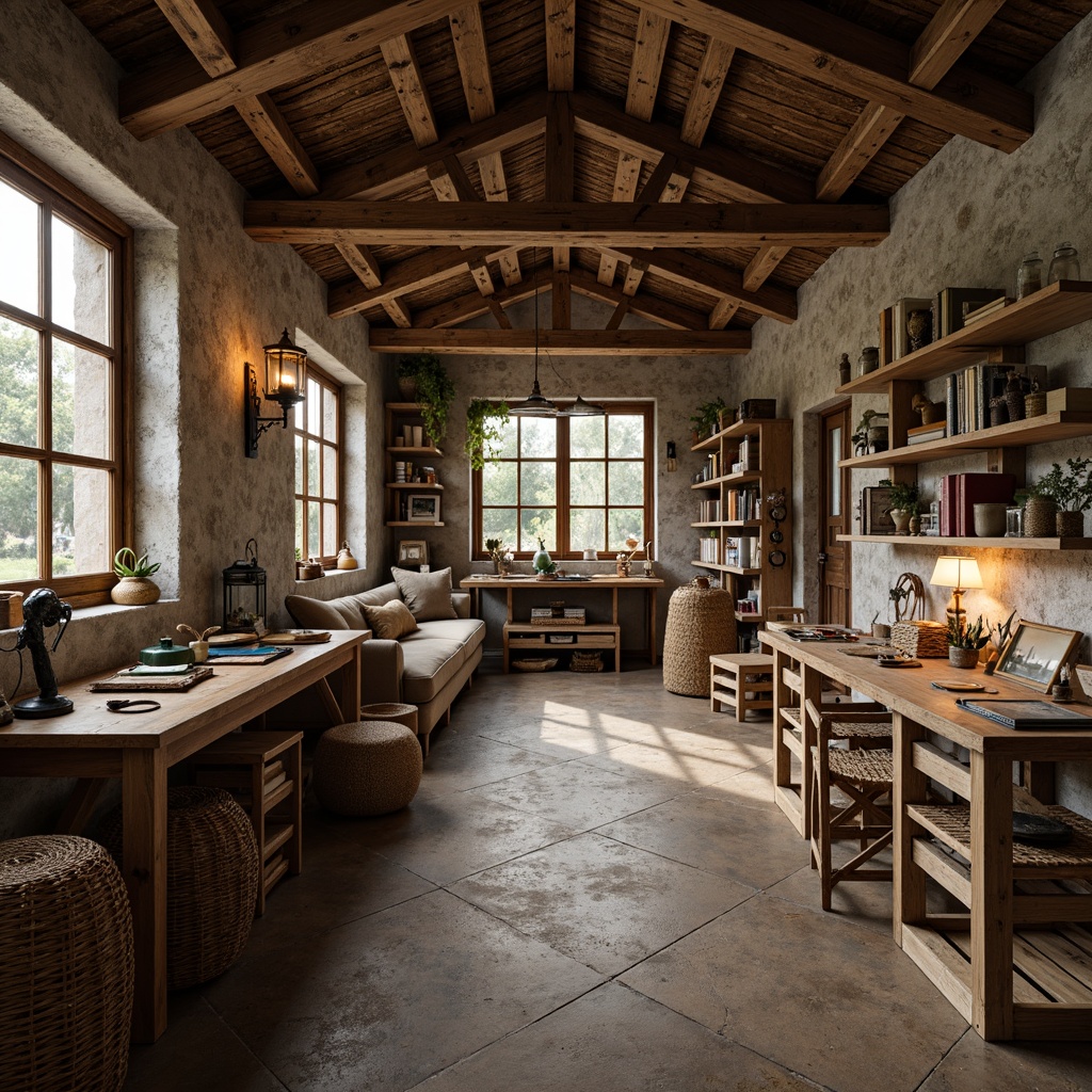 Prompt: Rustic craft room, wooden workbenches, vintage tools, woven baskets, earthy color palette, natural textiles, stone walls, wooden crates, metal lanterns, distressed wood shelves, industrial-style lighting, reclaimed wood accents, cozy reading nooks, comfortable seating areas, warm ambient lighting, shallow depth of field, 3/4 composition, realistic textures, ambient occlusion.