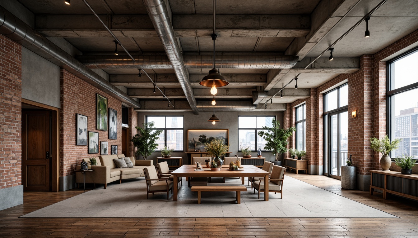 Prompt: Exposed brick walls, metal beams, reclaimed wood floors, industrial-style lighting fixtures, distressed finishes, urban cityscape, modern warehouse conversion, minimalist decor, functional pipes, concrete ceilings, Edison bulbs, vintage machinery parts, metallic color scheme, high ceilings, open floor plan, natural ventilation, abundant natural light, 1/1 composition, shallow depth of field, realistic textures, ambient occlusion.