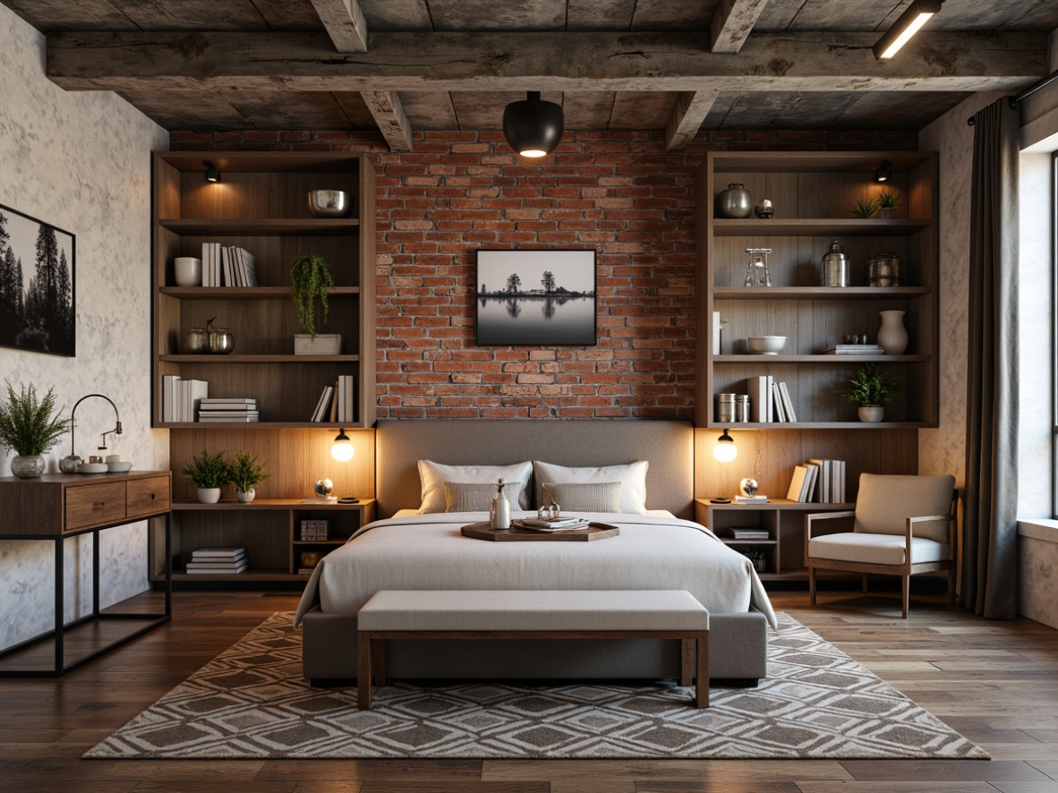 Prompt: Industrial-chic bedroom, exposed brick walls, metal accents, reclaimed wood flooring, functional furniture pieces, multi-functional storage units, industrial-style lighting fixtures, Edison bulbs, minimalist decor, urban loft atmosphere, distressed finishes, raw concrete ceilings, open shelving systems, metallic bedside tables, geometric-patterned rugs, modern industrial color palette, natural textiles, warm ambient lighting, shallow depth of field, 2/3 composition, realistic renderings.