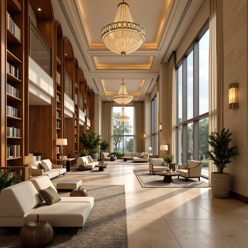 Prompt: Luxurious hotel lobby, warm beige walls, rich wood accents, plush carpeting, elegant chandeliers, soft cream furnishings, calming natural stone floors, subtle metallic trim, sophisticated modern architecture, large floor-to-ceiling windows, abundant natural light, gentle warm lighting, cozy reading nooks, comfortable seating areas, serene atmosphere, 3/4 composition, realistic textures, ambient occlusion.