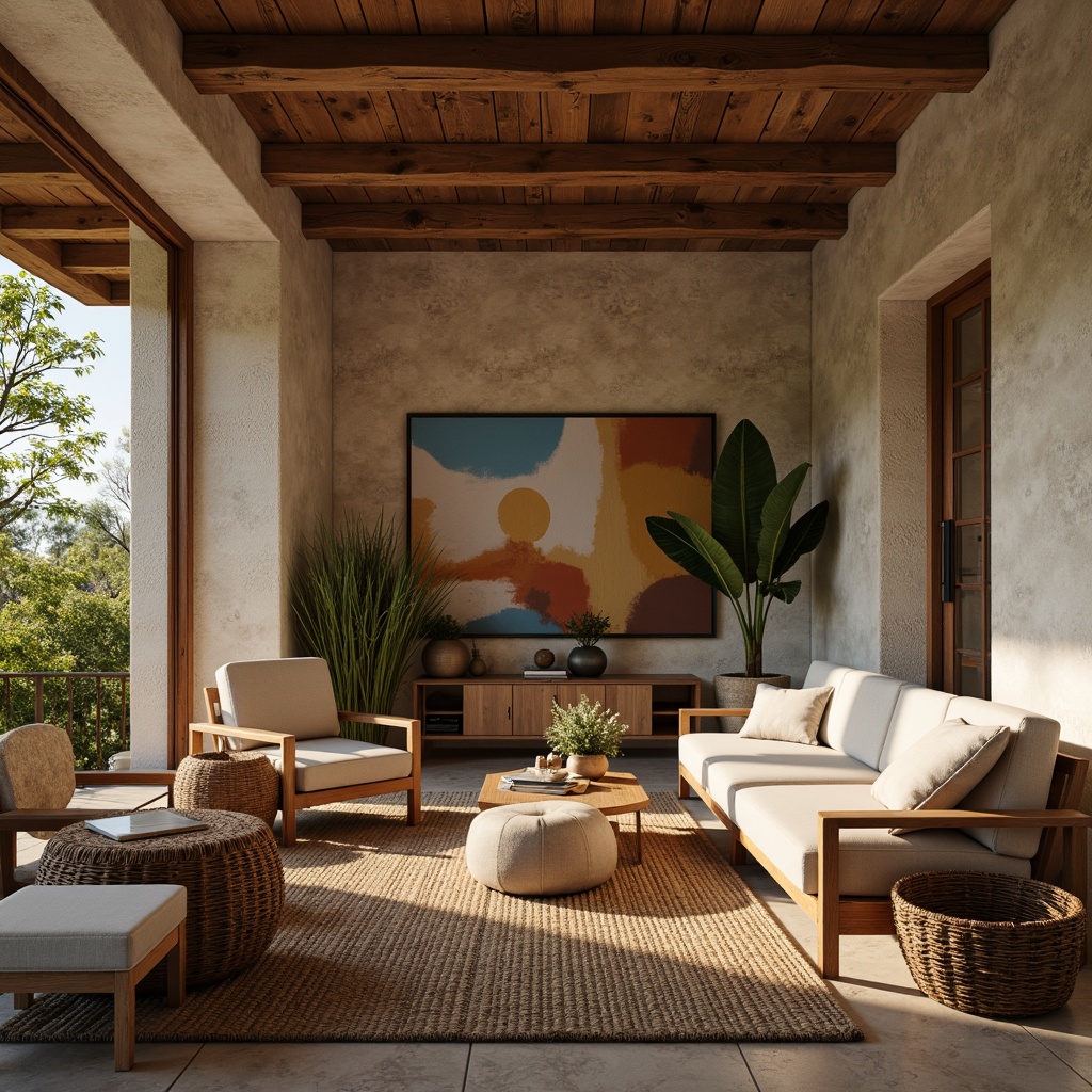 Prompt: Cozy living room, textured walls, earthy tone colors, natural stone accents, rustic wooden furniture, plush area rugs, warm ambient lighting, soft focus photography, shallow depth of field, 1/2 composition, inviting atmosphere, calming ambiance, organic shapes, natural materials, woven baskets, potted plants, comfortable seating areas.